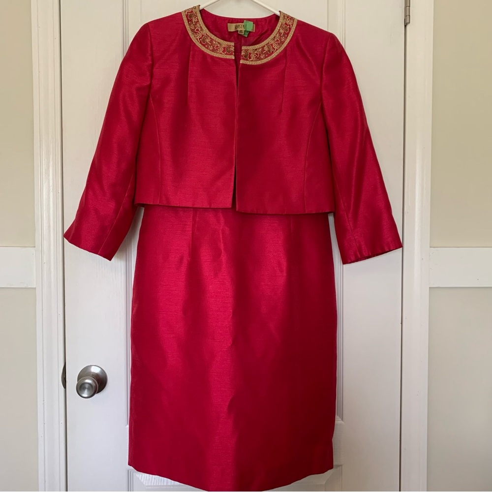 Casper Magenta Pink Gold Sequin Embroidered Dress with Matching Jacket 8 petite
